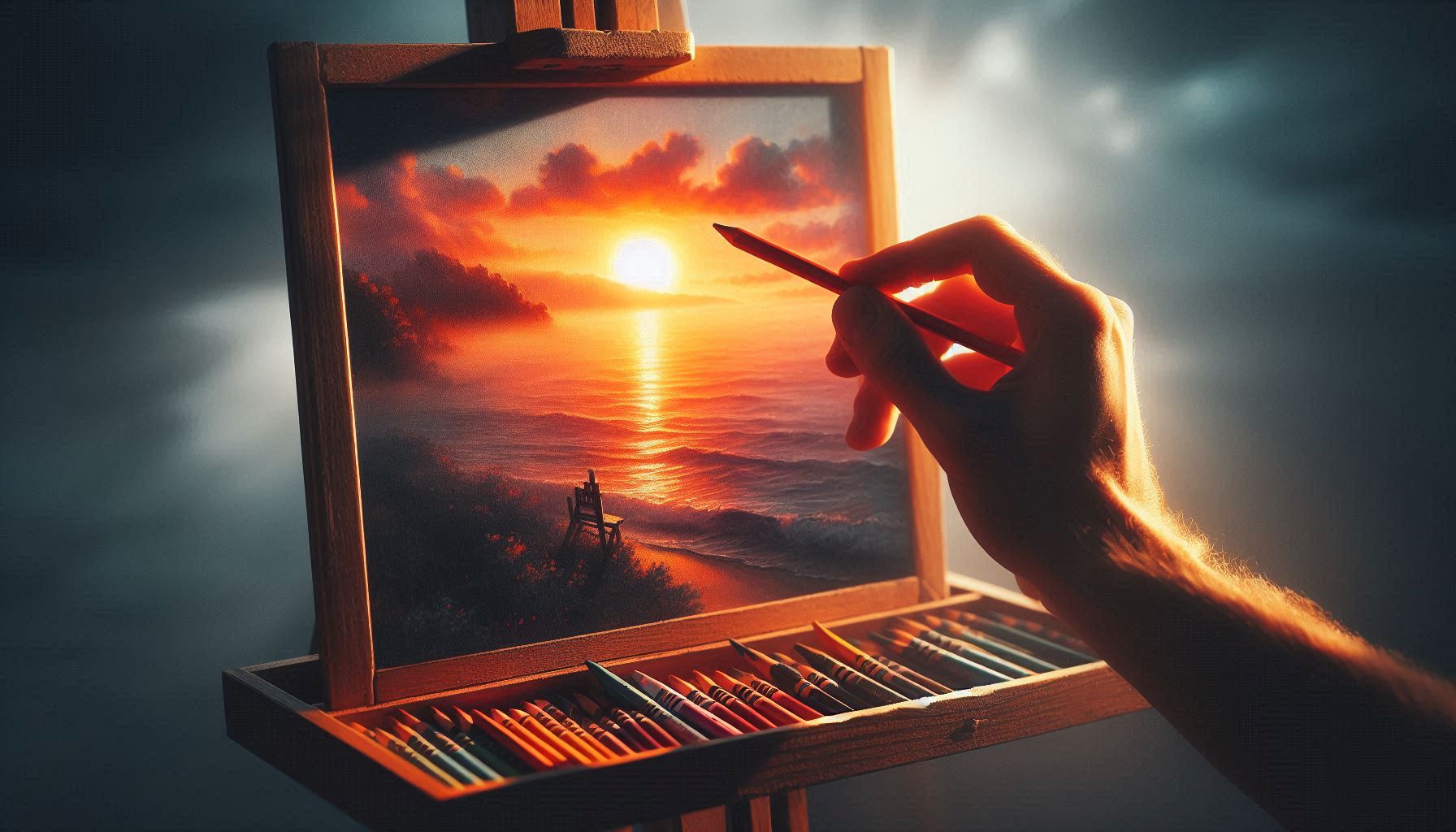 Ein Bild Das Eine Staffelei Mit Einem Bild Von Einem Sonnenuntergang Am Meer Zeigt in Der Hand Des M Luxusschreibwaren Malen Mit Buntstiften