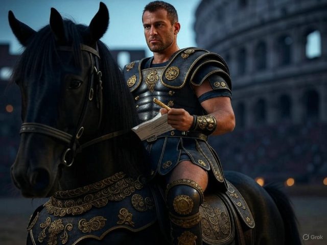 Römischen Gladiator auf einem Lipizzaner schwarzen Hengst Römischen Gladiator auf einem Lipizzaner schwarzen Hengst