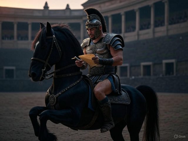 Römischen Gladiator auf einem Lipizzaner schwarzen Hengst Römischen Gladiator auf einem Lipizzaner schwarzen Hengst