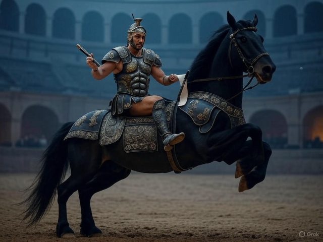 Römischen Gladiator auf einem Lipizzaner schwarzen Hengst Römischen Gladiator auf einem Lipizzaner schwarzen Hengst