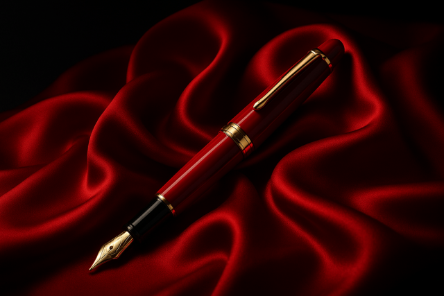 Roter Luxusfüller auf roter Seide Roter Luxusfüller auf roter Seide