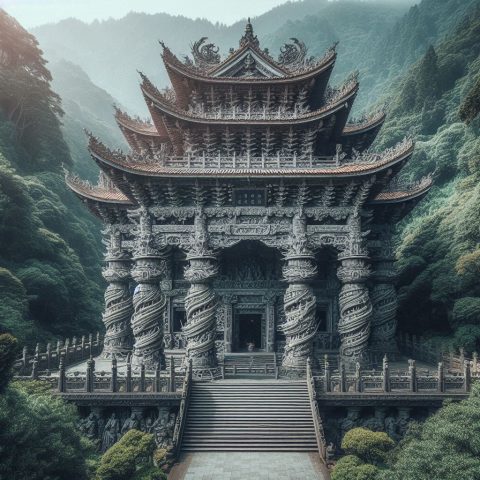 Ein Tempel in Taiwan Inmitten Von Bäumen an Einem Berghang Die Säulen Des Haupteingans Bestehen Aus 1