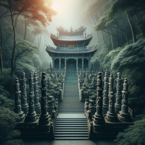 Ein Tempel in Taiwan Inmitten Von Bäumen an Einem Berghang Die Säulen Des Haupteingans Bestehen Aus